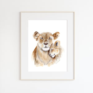 Mom and Baby Lion Watercolor Art