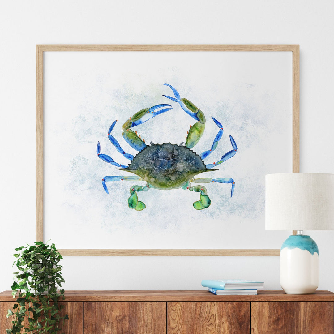 a painting of a blue crab on a white wall