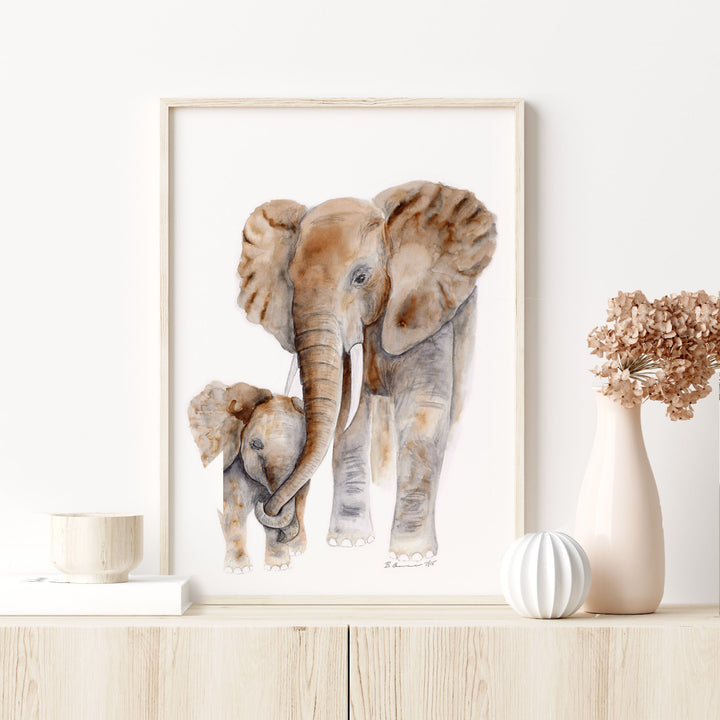 mom and baby elephant safari nursery print watercolor baby room art