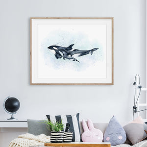 Killer Whale Mom and Calf Nursery Print