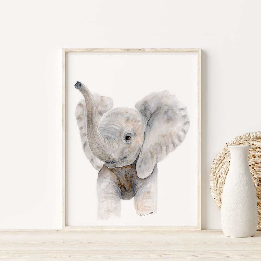 baby elephant wall art nursery watercolor print with trunk up