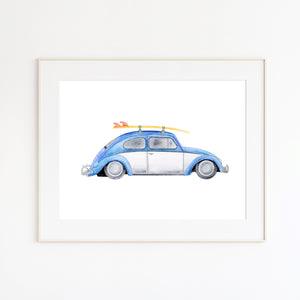 Blue and White Punch buggy with Surfboard