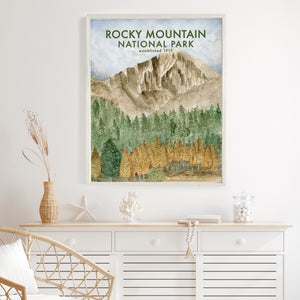 a picture of rocky mountain national park hanging on a wall