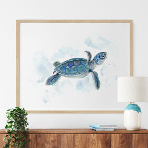 a painting of a turtle on a wall above a dresser