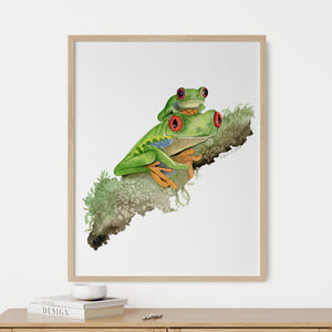 a green frog with red eyes and its baby sitting on a branch