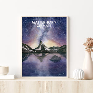 a poster of a mountain with a lake below it