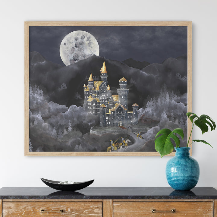 a painting of a castle with a full moon in the background