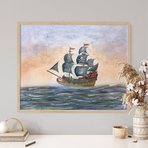 a painting of a sailing ship in the ocean