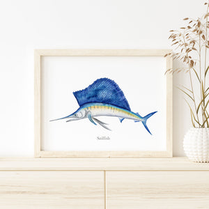 a painting of a sailfish on a white wall