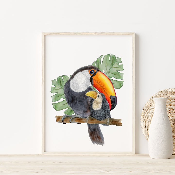 a painting of a toucan and a baby toucan on a branch