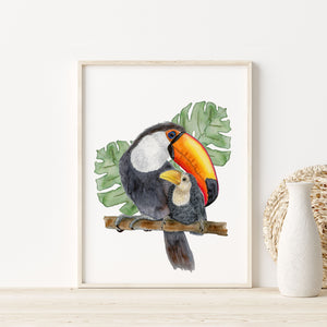 a painting of a toucan and a baby toucan on a branch