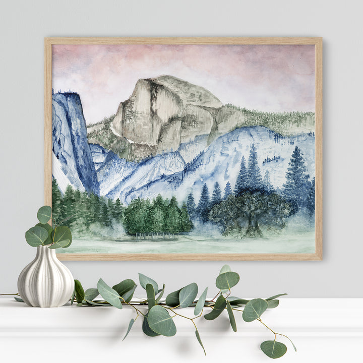 a painting of a mountain with trees and mountains in the background