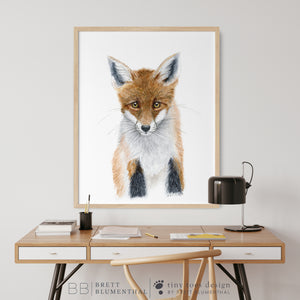 a picture of a fox on a wall above a desk