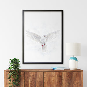 a picture of a white bird on a wall above a dresser