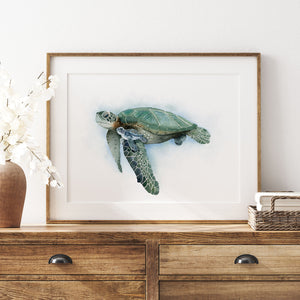 a picture of a sea turtle in a frame on a dresser