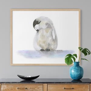 a painting of a penguin sitting on a table