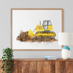 a painting of a yellow bulldozer on a wall
