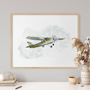 a painting of a plane flying in the sky
