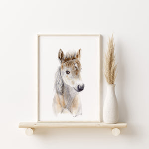 a painting of a horse on a shelf next to a vase