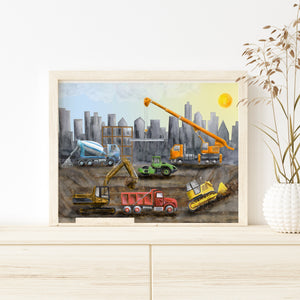 a painting of a construction site with a crane and trucks