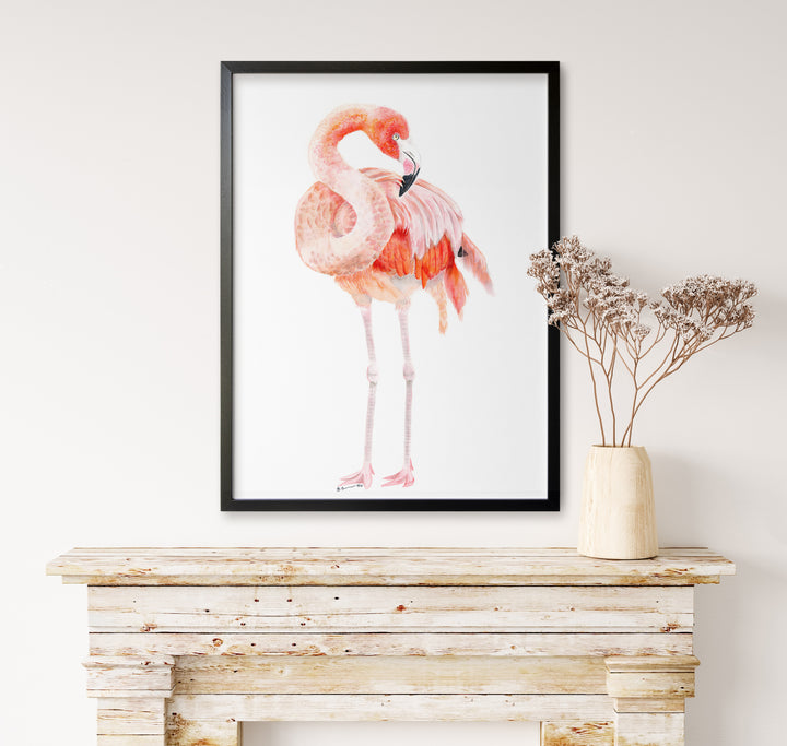 a picture of a pink flamingo on a white wall