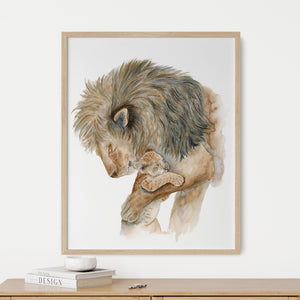 a watercolor painting of a lion holding a baby lion
