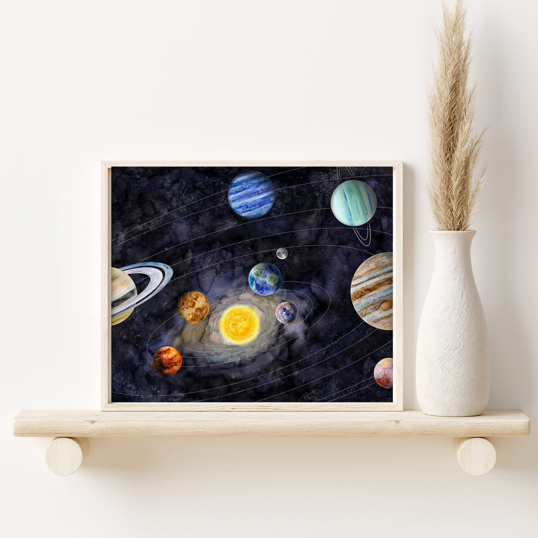 a picture of the solar system on a shelf