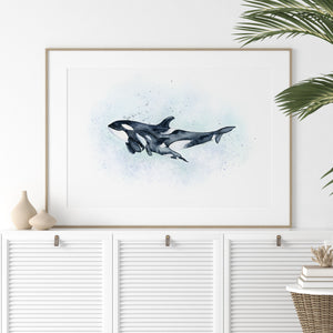 a picture of two orca's in a frame on a wall