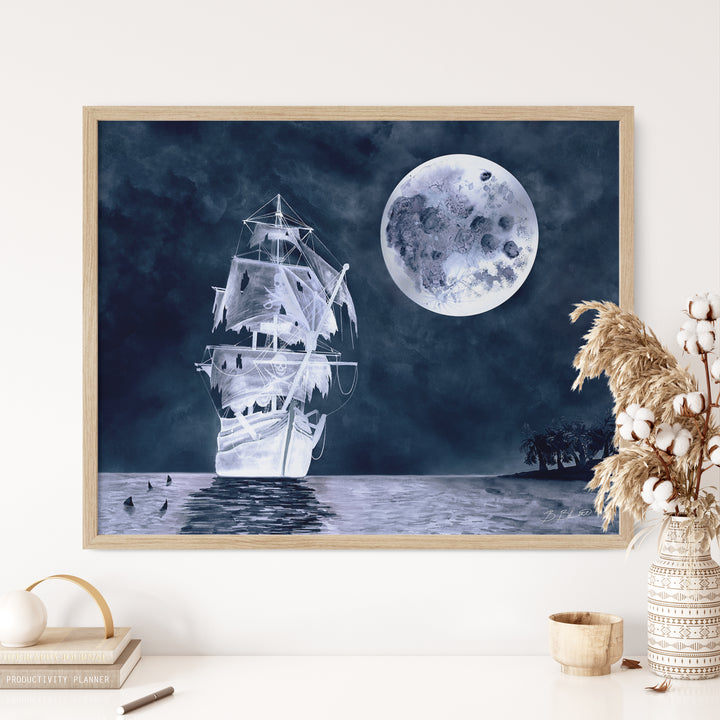 a painting of a ship in the ocean with a full moon in the background