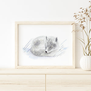 a painting of a sleeping fox in a frame
