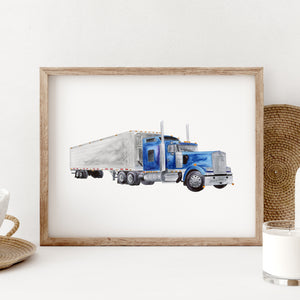a painting of a semi truck on a white wall