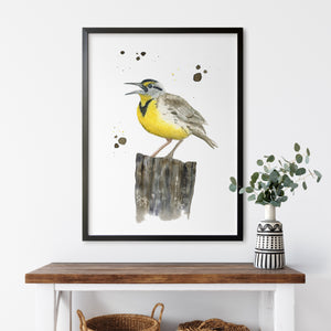 a painting of a bird sitting on top of a wooden table