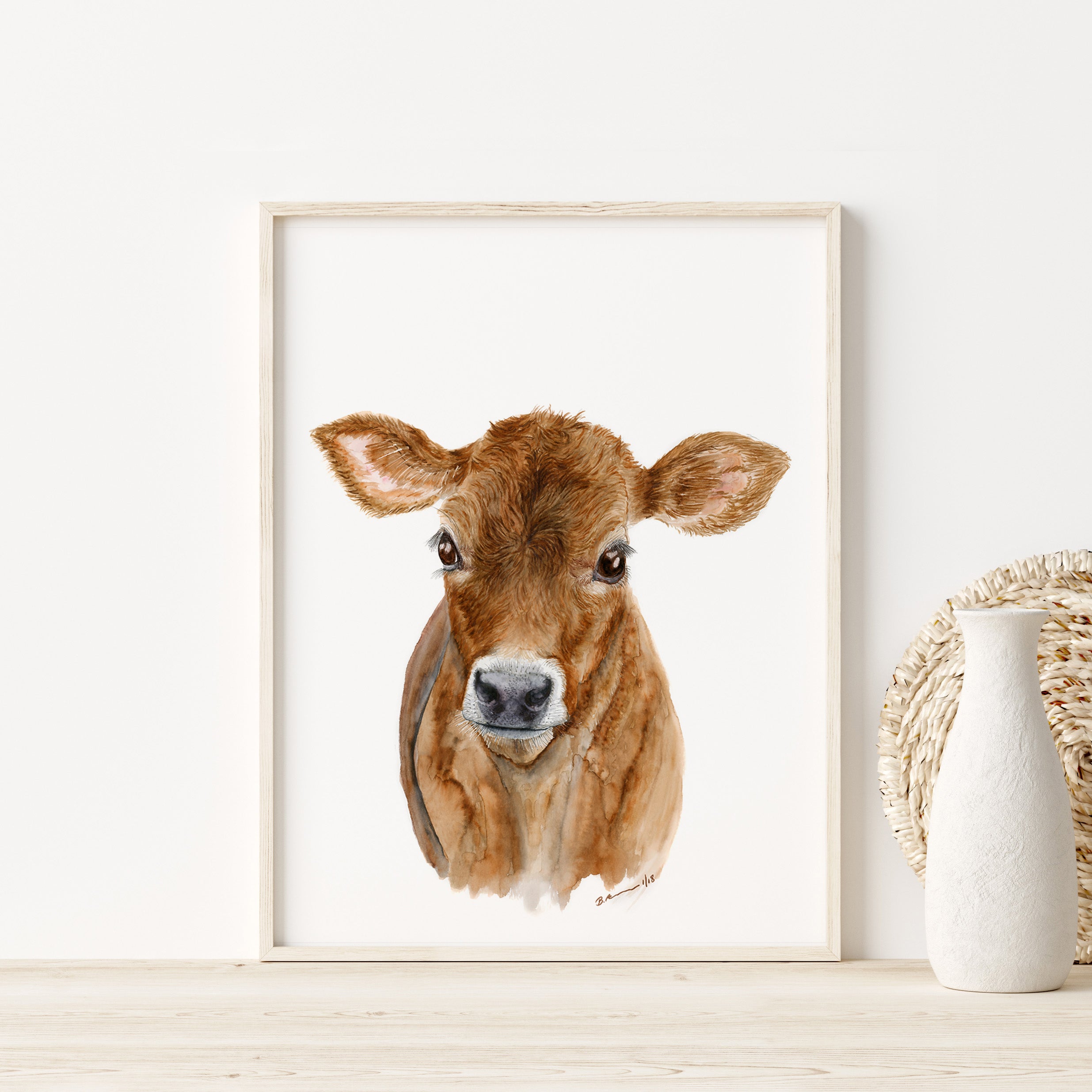 Baby Brown Cow Watercolor | Farm Nursery Art | Calf Print