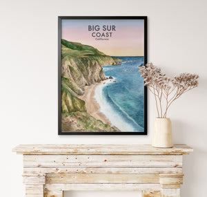 a picture of a beach in a frame on a wall