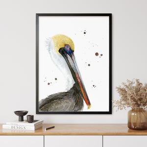 a painting of a pelican with a yellow head