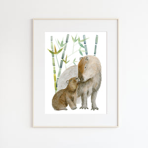 Mom and Baby Capybara Watercolor