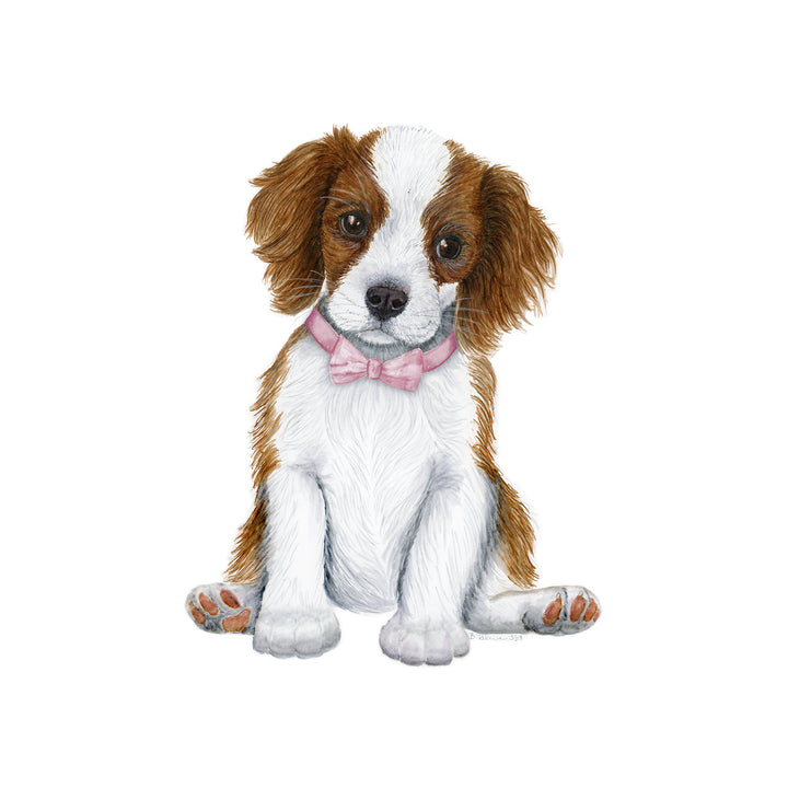 Cavalier King Charles Spaniel Puppy with Pink Bowtie Watercolor