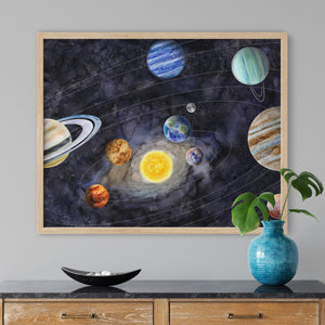 a painting of the solar system on a wall