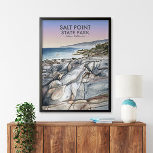 a painting of a rocky beach with the words salt point state park on it