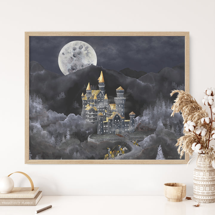 a painting of a castle with a full moon in the background