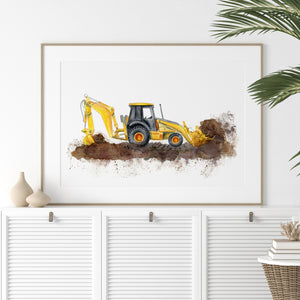 a painting of a bulldozer digging dirt in a living room