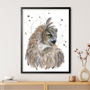 a painting of an owl with yellow eyes