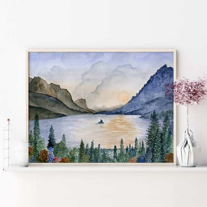 a painting of a lake with mountains in the background