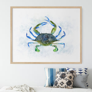 a painting of a blue crab hangs above a bed