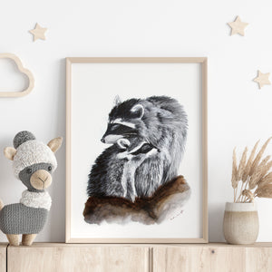 a picture of a raccoon and its baby in a nursery