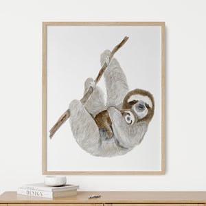 a watercolor of a sloth hanging on a tree branch with its baby
