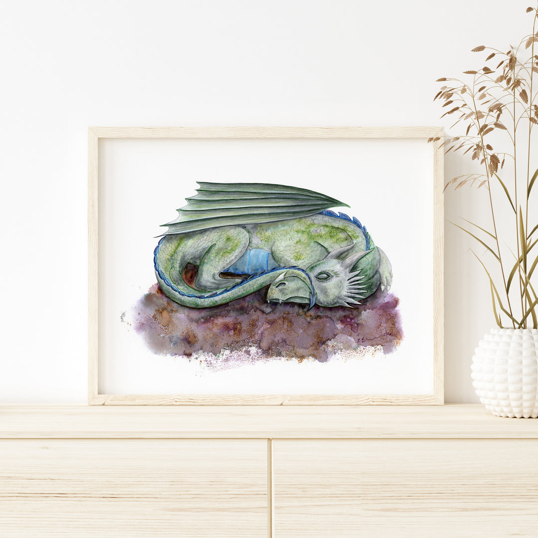 a watercolor painting of a dragon sleeping on a rock