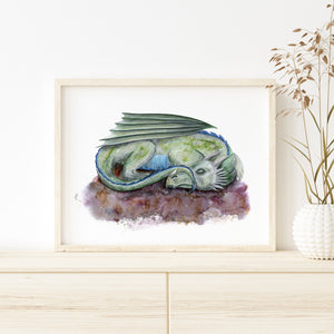 a watercolor painting of a dragon sleeping on a rock