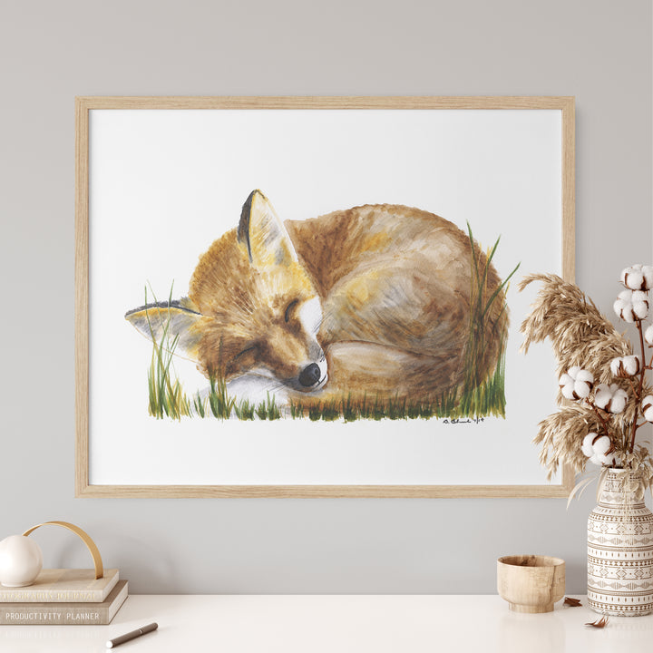 a painting of a fox sleeping in the grass