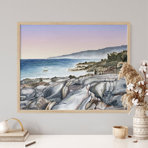 a painting of a rocky beach with a pink sky